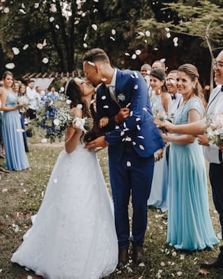 A couple embracing on their wedding day